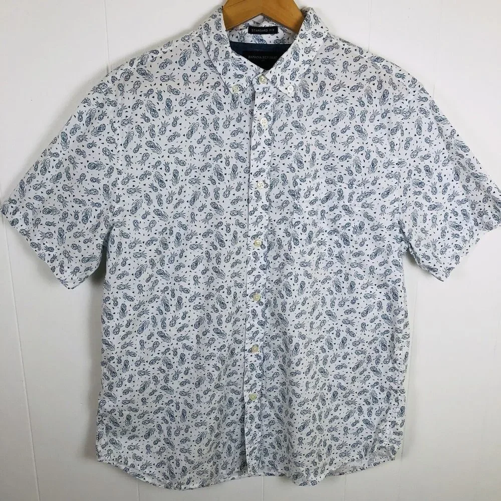 Banana Republic Standard Fit White Pineapple Short‎ Sleeve Shirt Large Cotton